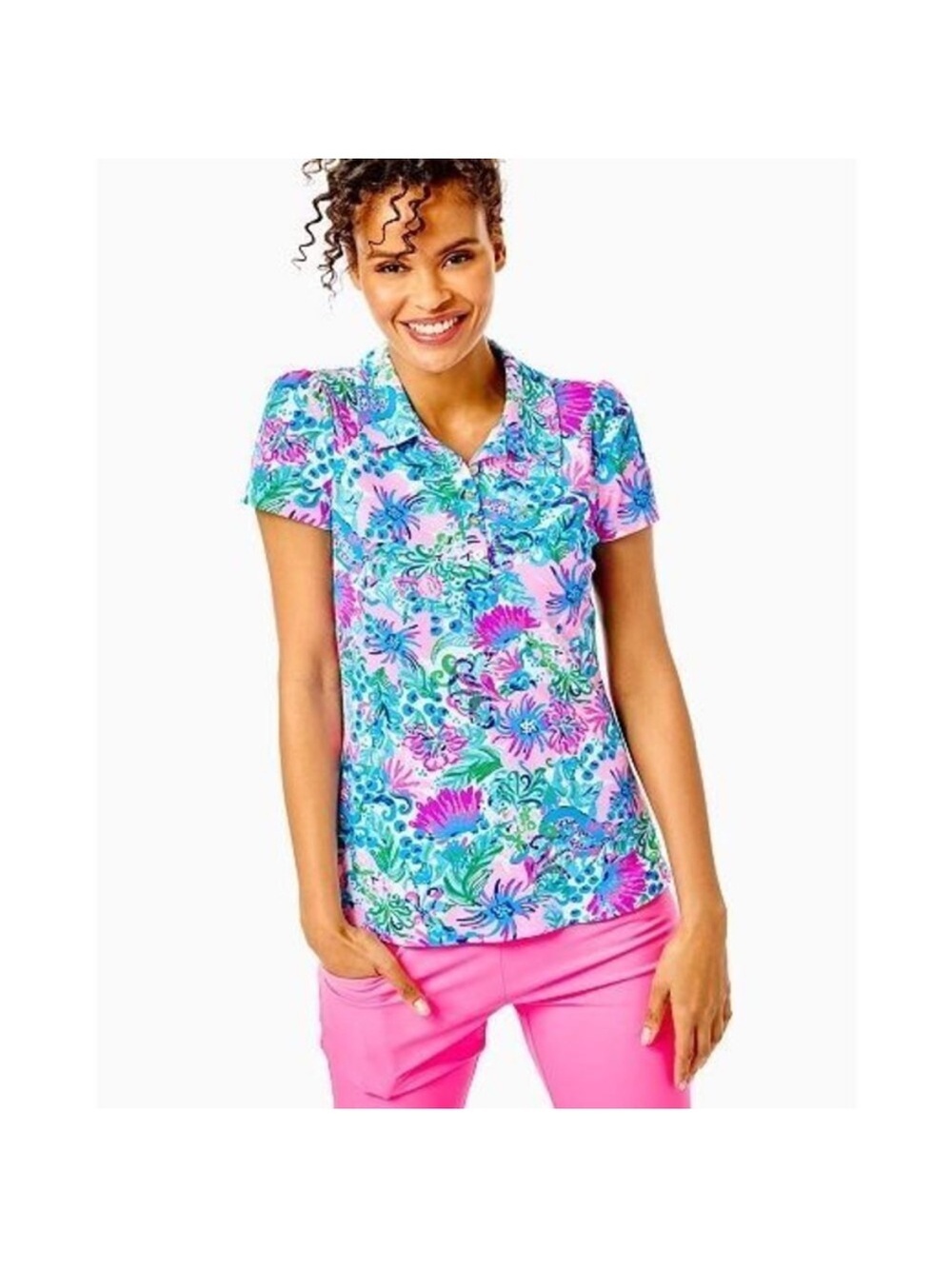 Lilly Pulitzer Luxletic Frida Puff Sleeve Polo Size Small Floral Mandevilla UPF
